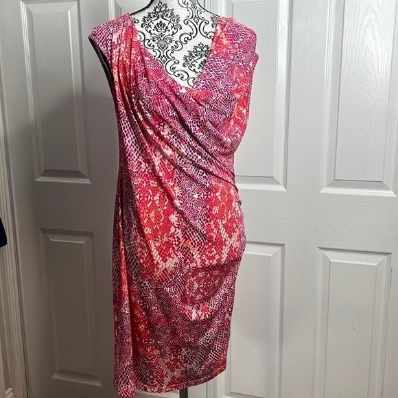 George Bright Bold Pink Orange Draped Neckline Sheath Dress M 8-10 - Picture 1 of 7